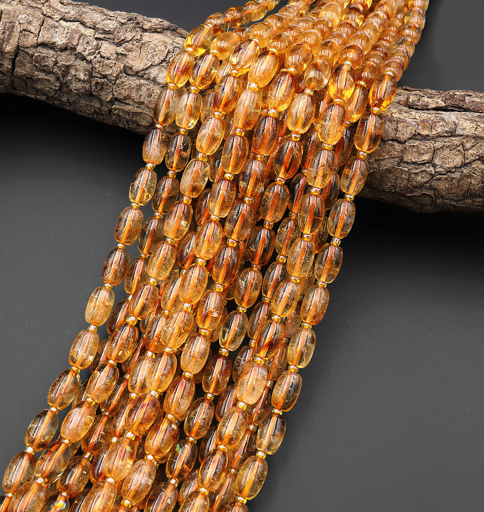 Natural Golden Citrine Smooth Drum Barrel Rice Beads 15.5