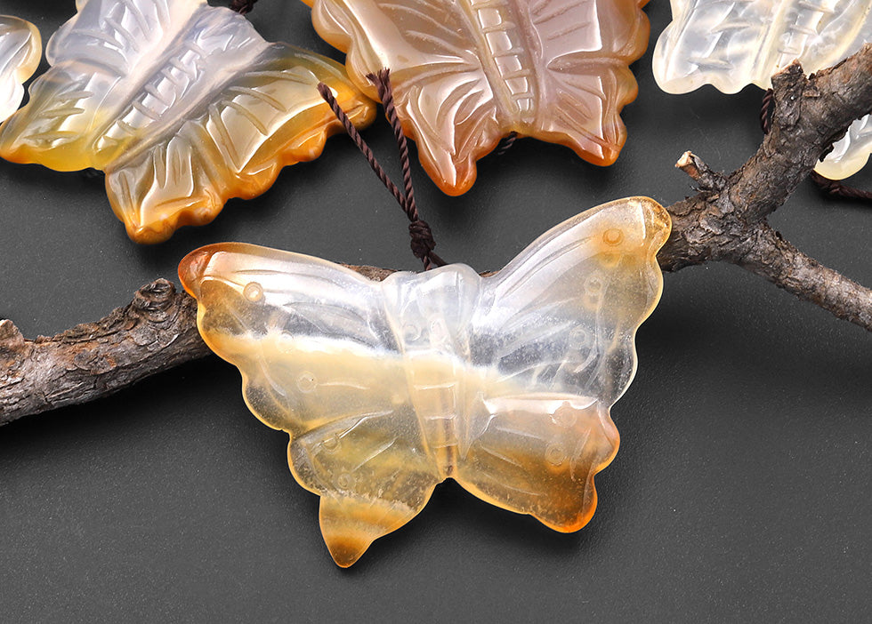 Hand Carved Natural Carnelian Agate Butterfly Pendant Vertically Drilled Gemstone Focal Bead Soft Creamy Orange Yellow Beige Colors