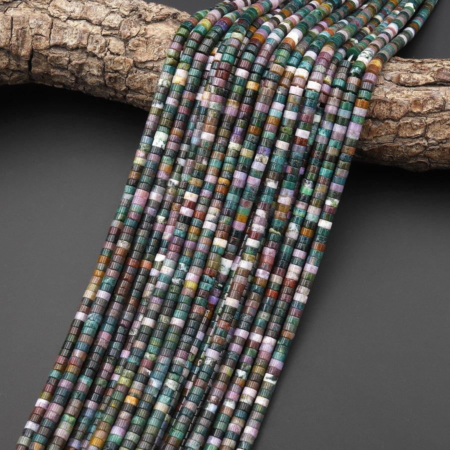 Natural Indian Agate 4mm Heishi Rondelle Beads Forest Green Mauve Colors 15.5" Strand