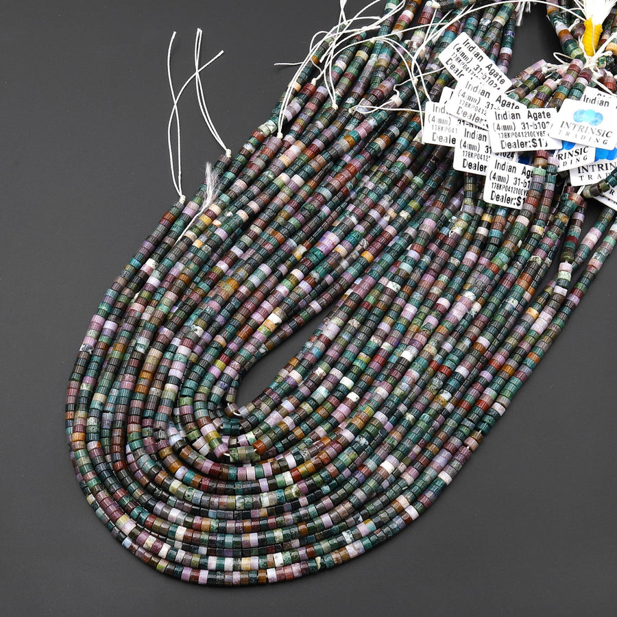 Natural Indian Agate 4mm Heishi Rondelle Beads Forest Green Mauve Colors 15.5" Strand