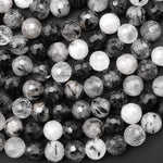 Faceted Natural Black Tourmaline Rutile Quartz 6mm 8mm Round Beads 15.5" Strand