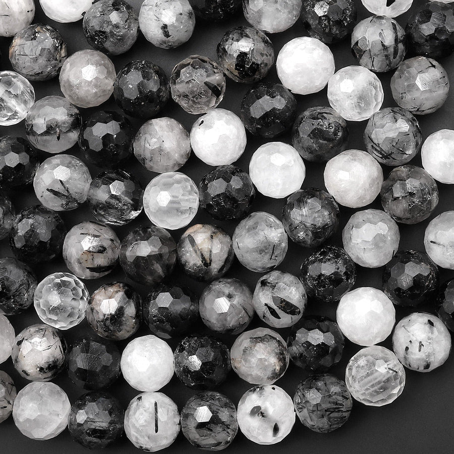 Faceted Natural Black Tourmaline Rutile Quartz 6mm 8mm Round Beads 15.5" Strand