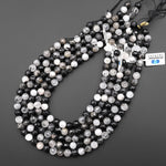 Faceted Natural Black Tourmaline Rutile Quartz 6mm 8mm Round Beads 15.5" Strand