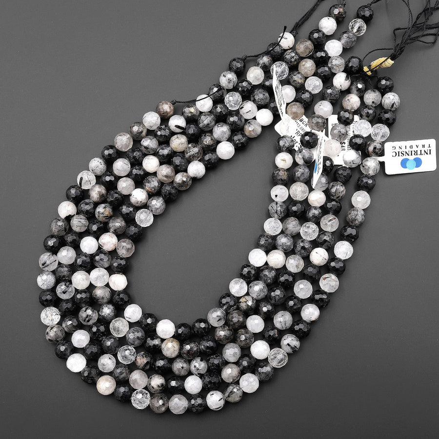 Faceted Natural Black Tourmaline Rutile Quartz 6mm 8mm Round Beads 15.5" Strand