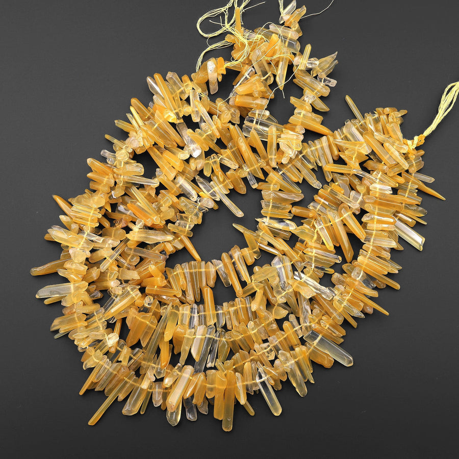 Natural Golden Yellow Hematoid Quartz Beads Top Side Drilled Thin Fine Crystal Point Spike 15.5" Strand
