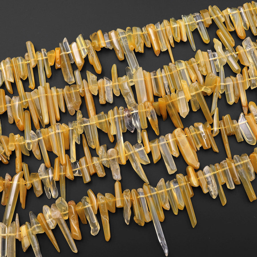 Natural Golden Yellow Hematoid Quartz Beads Top Side Drilled Thin Fine Crystal Point Spike 15.5" Strand
