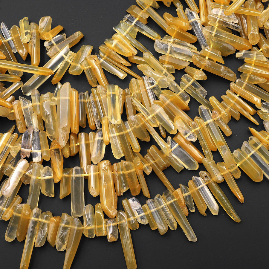 Natural Golden Yellow Hematoid Quartz Beads Top Side Drilled Thin Fine Crystal Point Spike 15.5" Strand