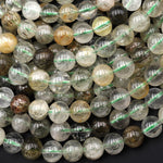 Rare Green Tourmaline Rutilated Quartz 6mm 8mm 10mm 12mm Round Gemstone Beads 15.5" Strand