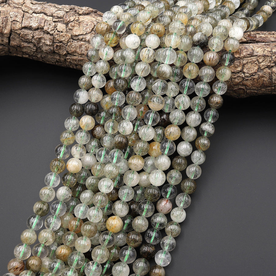 Rare Green Tourmaline Rutilated Quartz 6mm 8mm 10mm 12mm Round Gemstone Beads 15.5" Strand