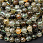 Rare Green Tourmaline Rutilated Quartz 8mm 10mm 12mm Round Beads Real Genuine Natural Tourmaline Rutile in Quartz Gemstone 16" Strand