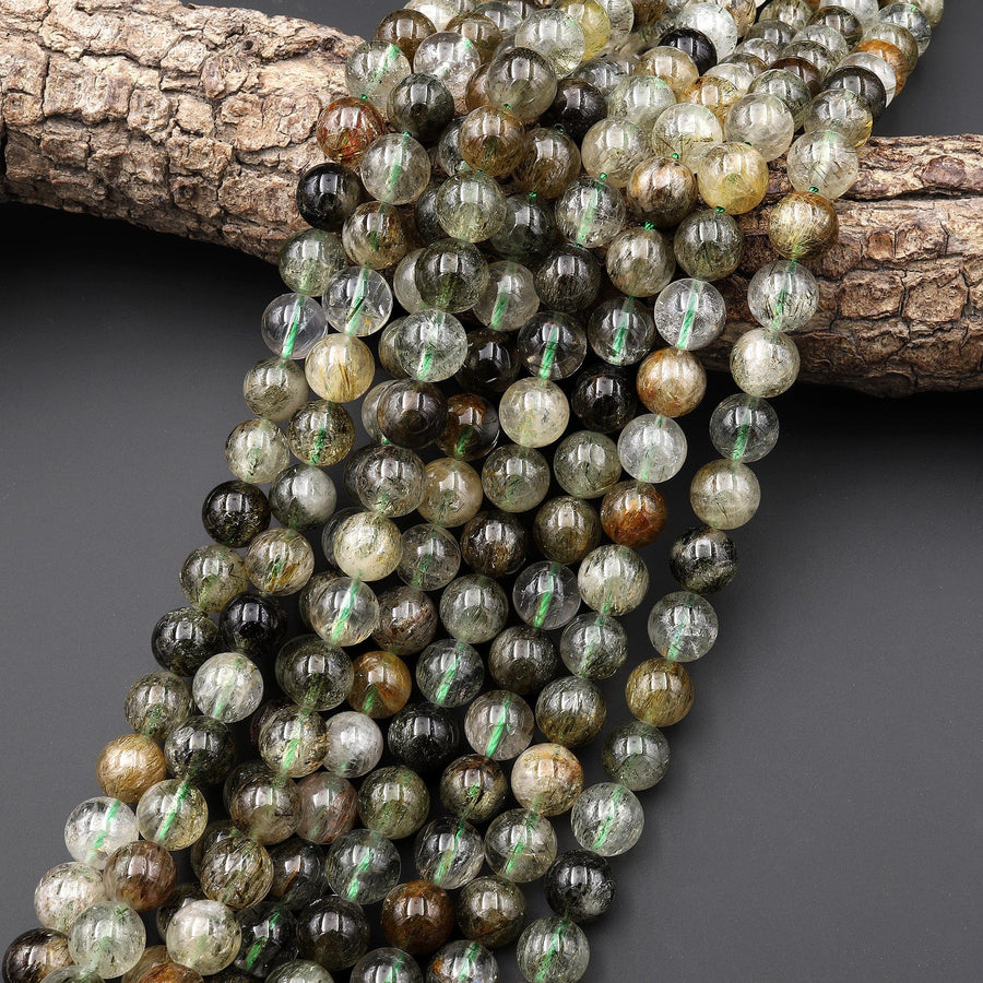 Rare Green Tourmaline Rutilated Quartz 8mm 10mm 12mm Round Beads Real Genuine Natural Tourmaline Rutile in Quartz Gemstone 16" Strand
