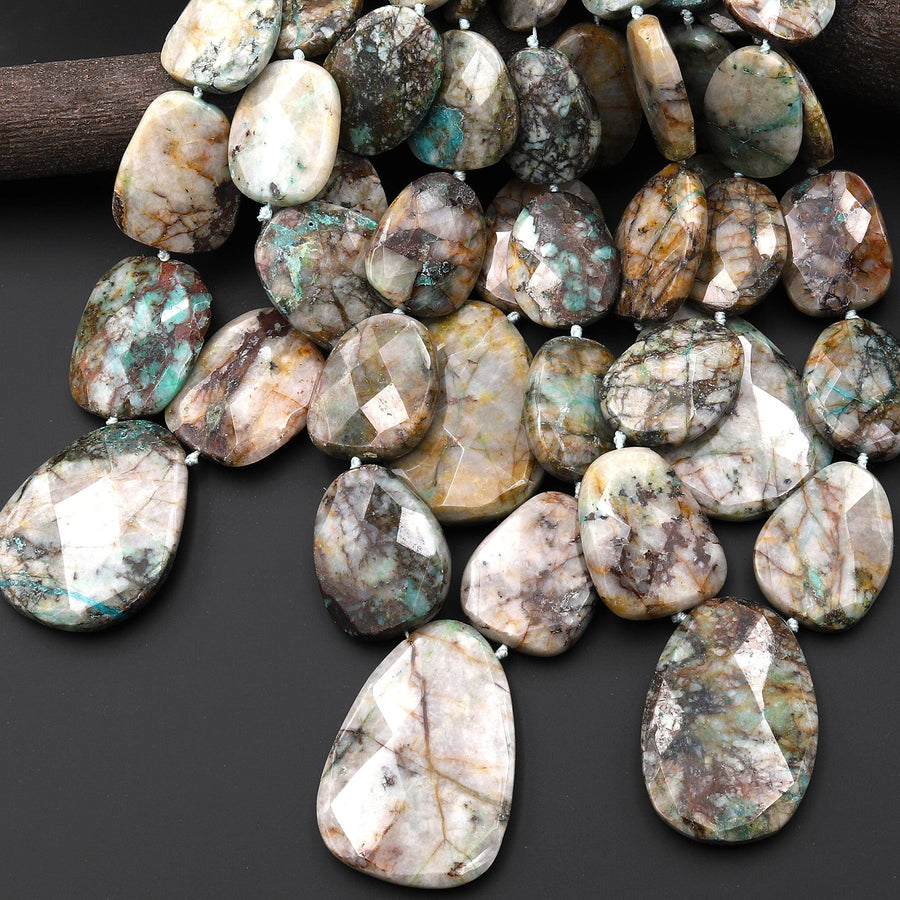 Graduated Faceted Natural Chrysocolla in Quartz Focal Pendant Beads Necklace Set 17" Strand