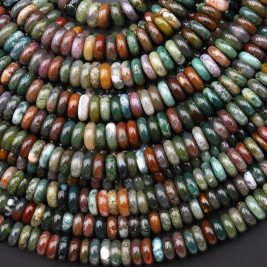 Natural Indian Agate 6mm Smooth Thin Rondelle Beads Aka Green Red Bloodstone 15.5" Strand