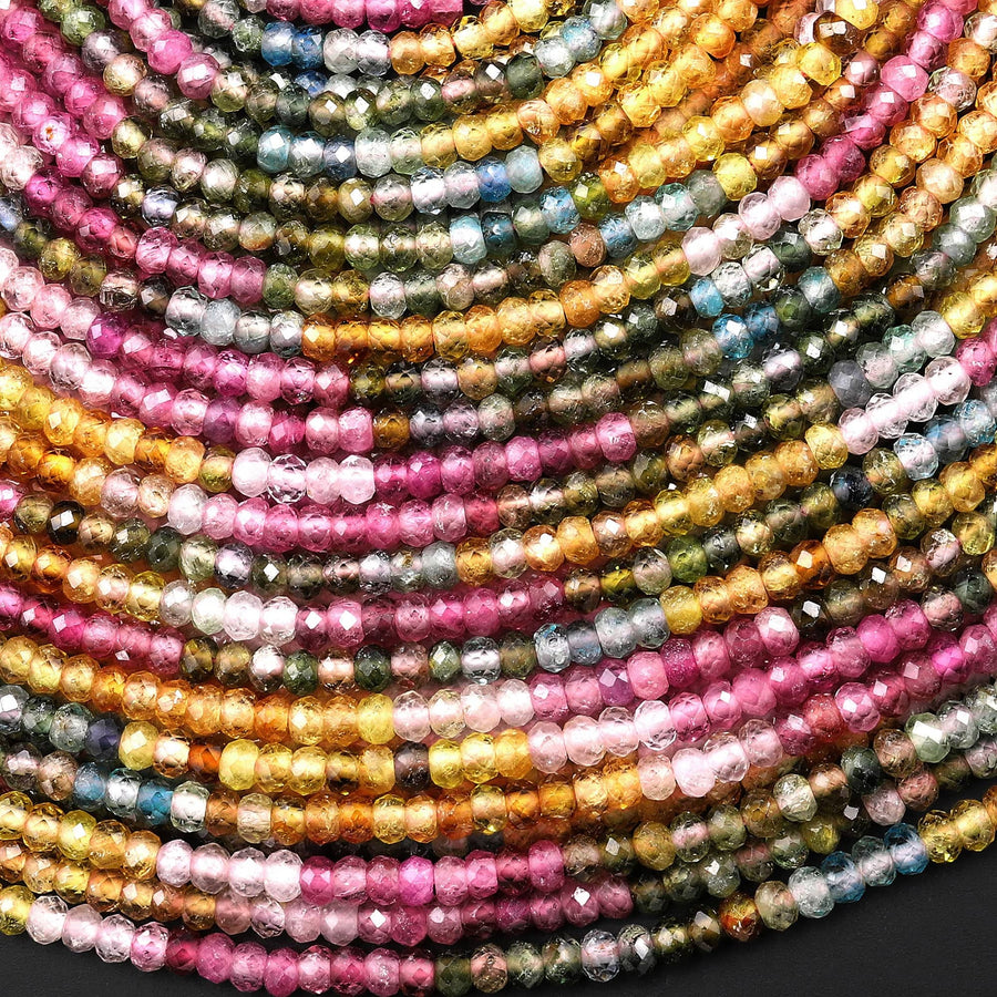 AAA Natural Tourmaline Faceted 3mm Rondelle Beads Yellow Pink Green Blue Golden Yellow Gemstone 15.5" Strand