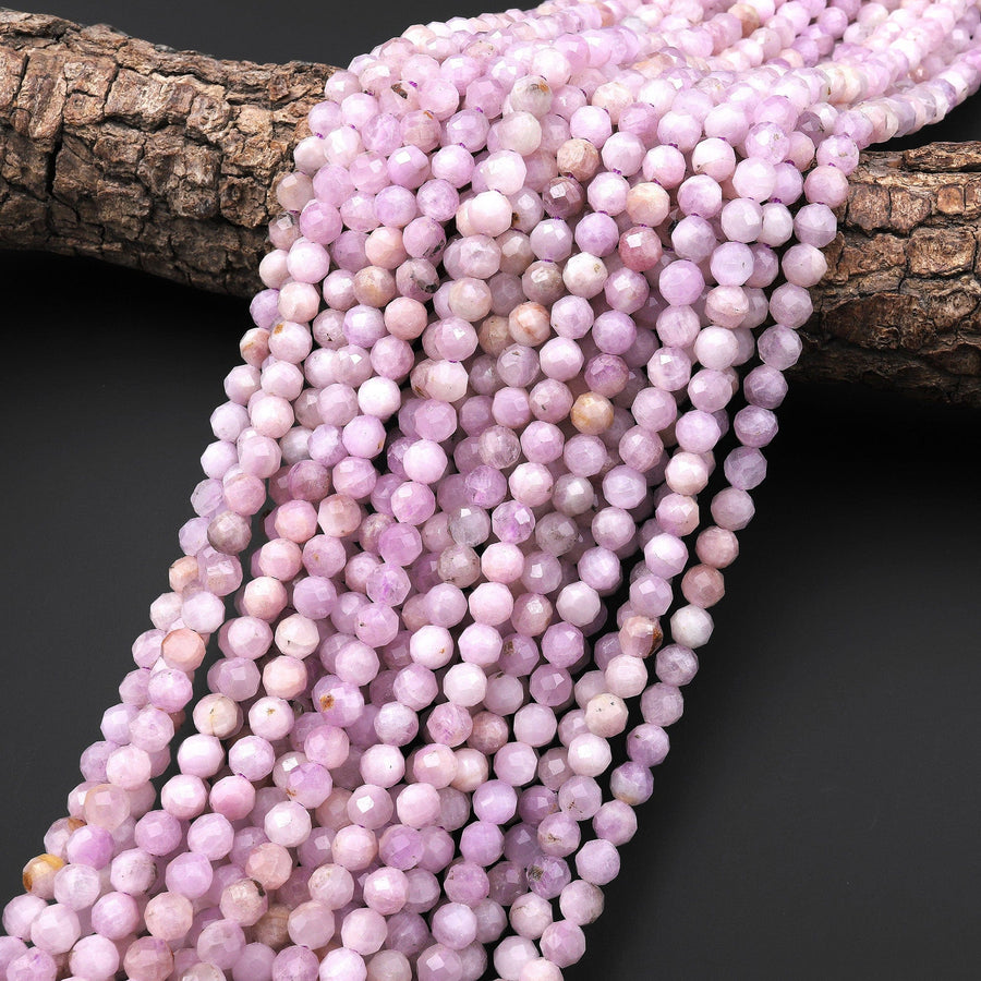 Natural Kunzite Faceted 4mm 6mm 8mm 10mm Round Beads Laser Diamond Cut Real Genuine Violet Purple Kunzite Gemstone 15.5" Strand