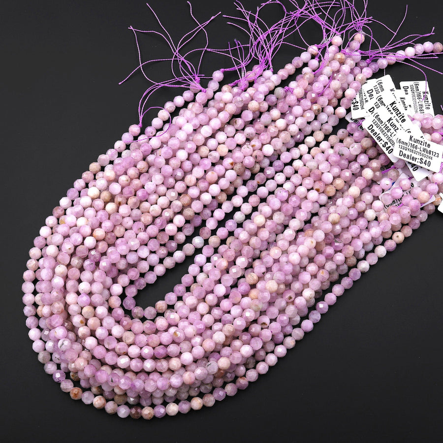 Natural Kunzite Faceted 4mm 6mm 8mm 10mm Round Beads Laser Diamond Cut Real Genuine Violet Purple Kunzite Gemstone 15.5" Strand