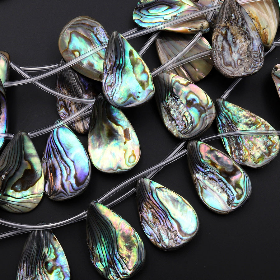 Real Natural Abalone Shell Beads Mermaid Shards Side Drilled Teardrop Rainbow Iridescent Peacock Blue Green Pink 15.5" Strand