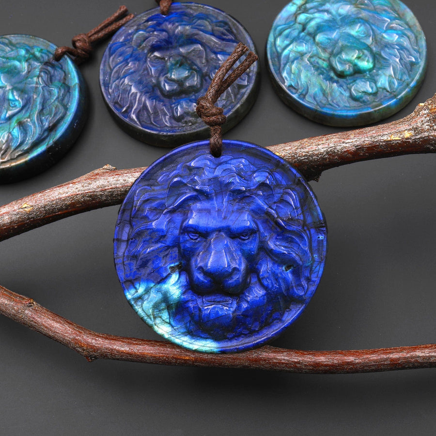 Hand Carved Natural Blue Golden Labradorite Lion Face Head Medallion Amulet Pendant Drilled Gemstone Focal Bead A9
