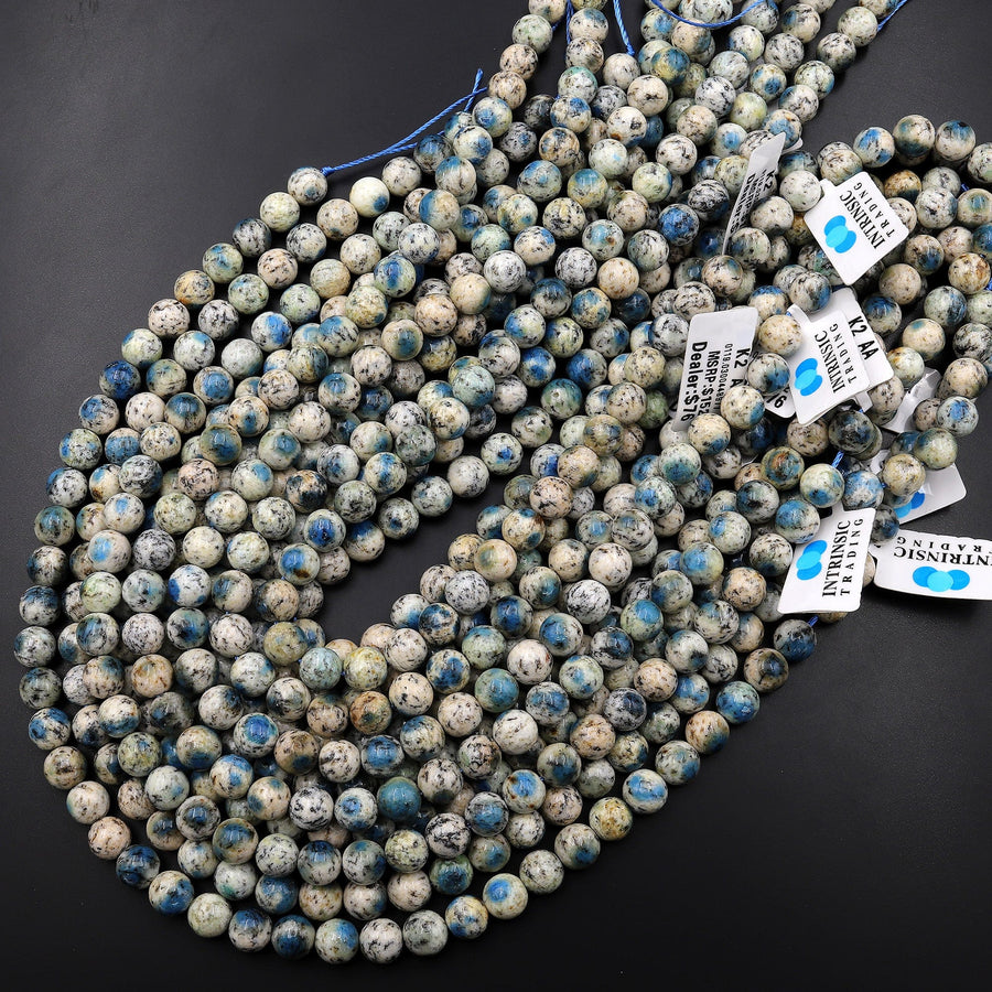 AA Rare K2 Beads 4mm 6mm 8mm 10mm Round Beads Natural Blue Azurite in Quartz Granite Real Genuine K2 Beads from Pakistan Afghanistan 15.5" Strand