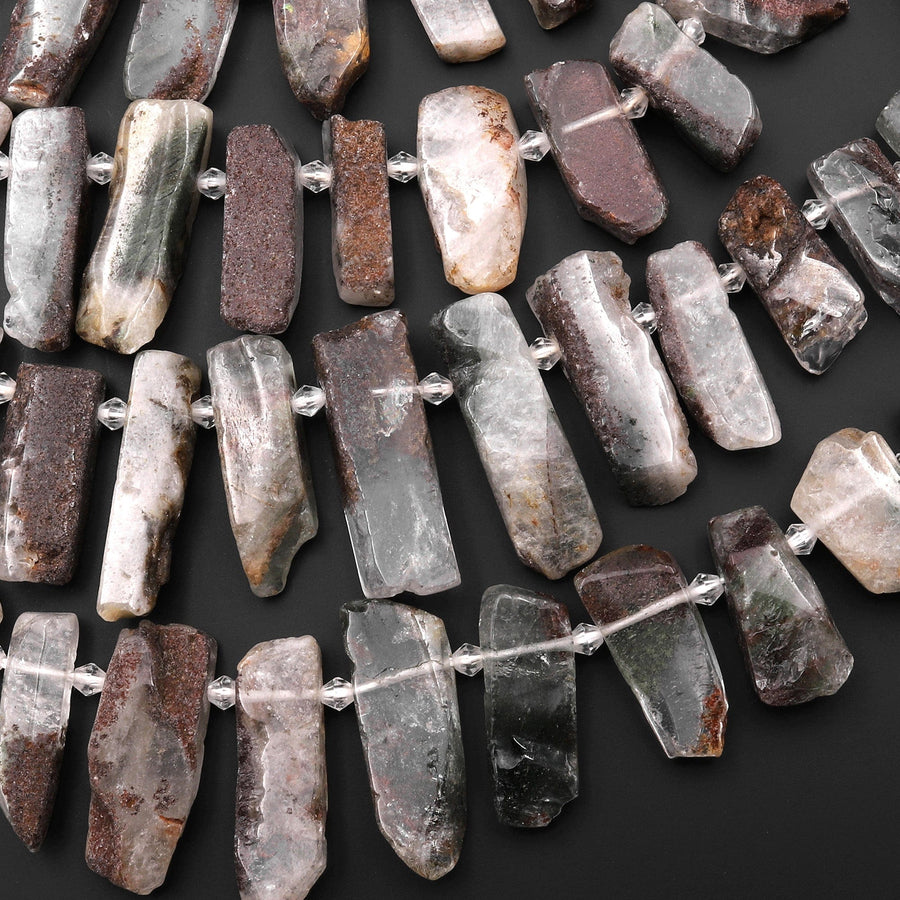 Natural Phantom Quartz Beads Large Freeform Rectangle Spike Brown Lodalite Minerals Matrix 15.5" Strand