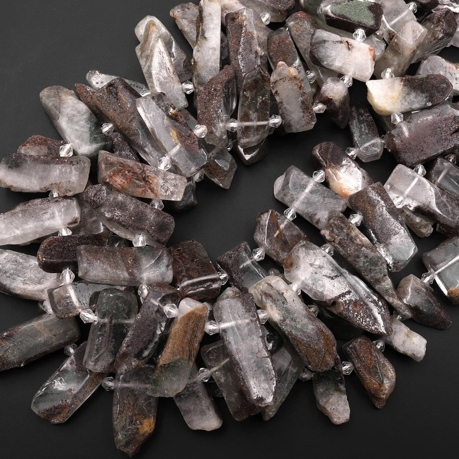 Natural Phantom Quartz Beads Large Freeform Rectangle Spike Brown Lodalite Minerals Matrix 15.5" Strand