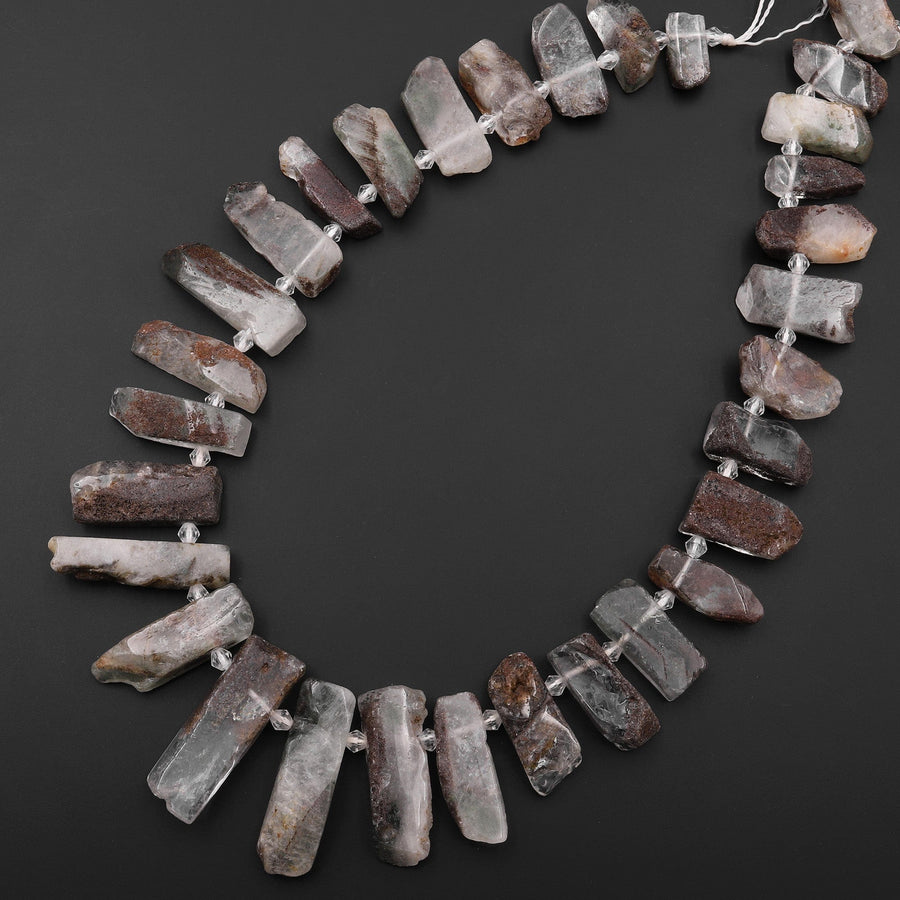 Natural Phantom Quartz Beads Large Freeform Rectangle Spike Brown Lodalite Minerals Matrix 15.5" Strand