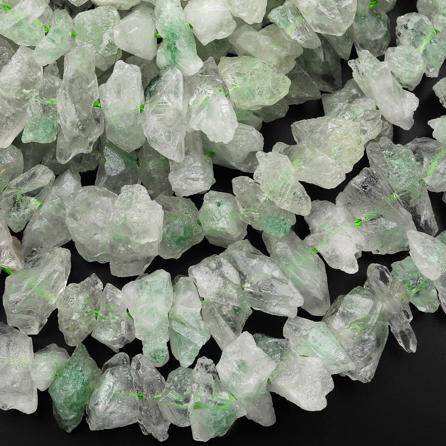 Natural Green Phantom Quartz Rough Raw Nugget Chips Center Drilled Hand Hammered Beads 15.5" Strand
