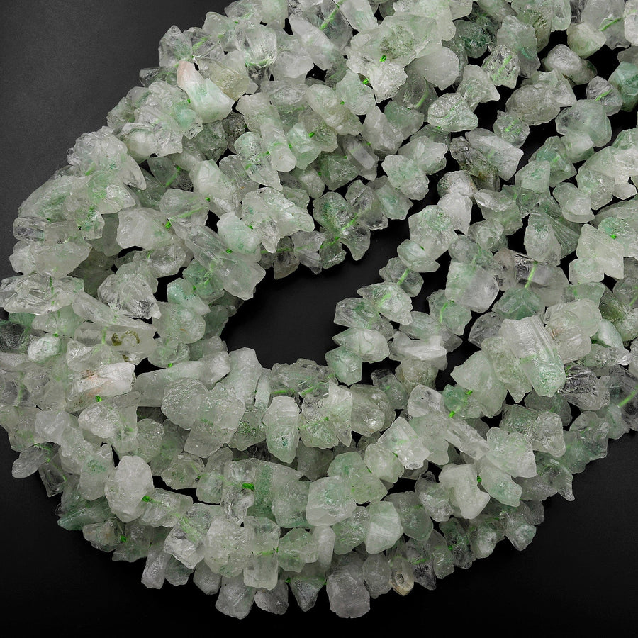 Natural Green Phantom Quartz Rough Raw Nugget Chips Center Drilled Hand Hammered Beads 15.5" Strand