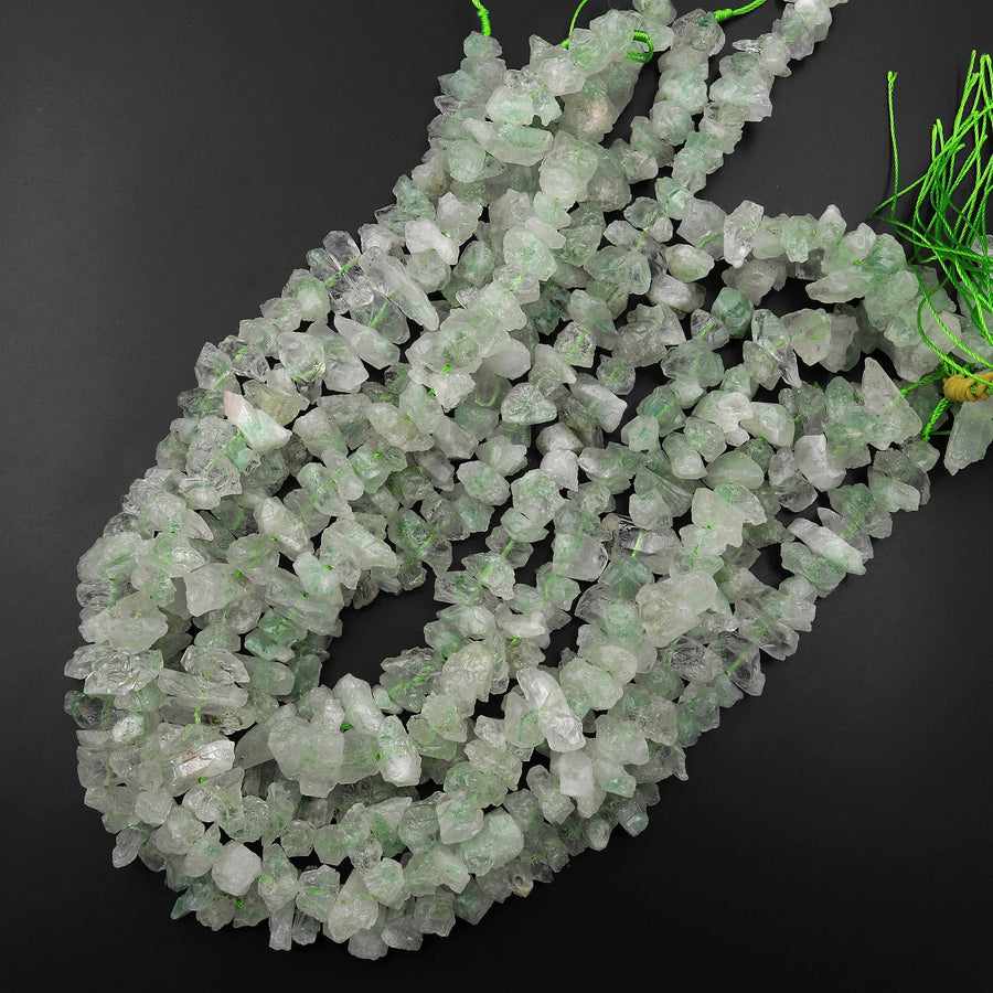 Natural Green Phantom Quartz Rough Raw Nugget Chips Center Drilled Hand Hammered Beads 15.5" Strand