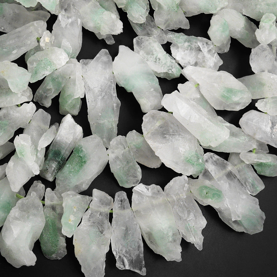 Natural Green Phantom Quartz Rough Raw Side Drilled Crystal Point Beads 15.5" Strand
