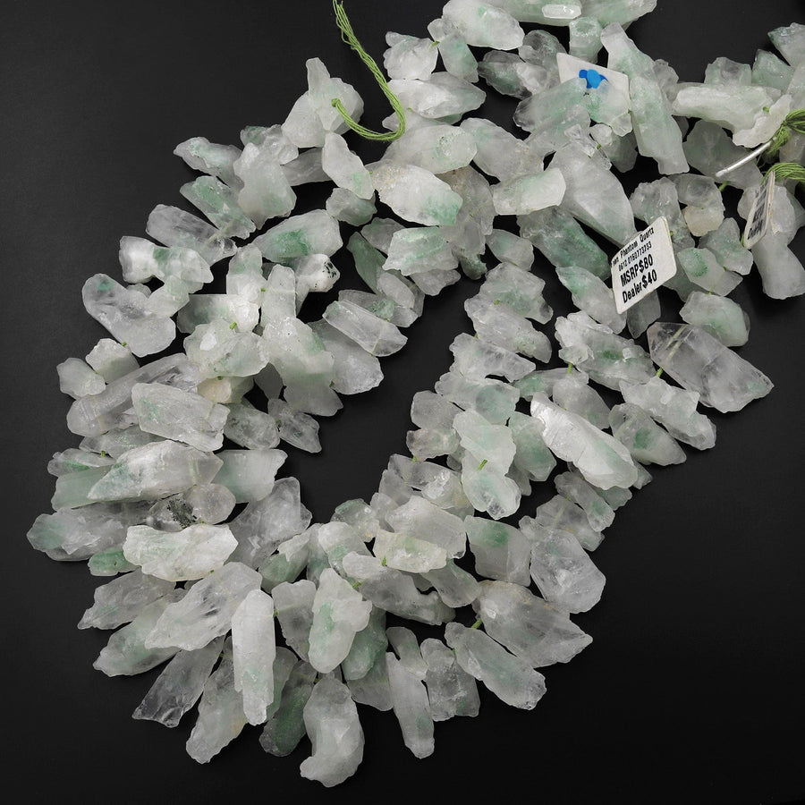 Natural Green Phantom Quartz Rough Raw Side Drilled Crystal Point Beads 15.5" Strand