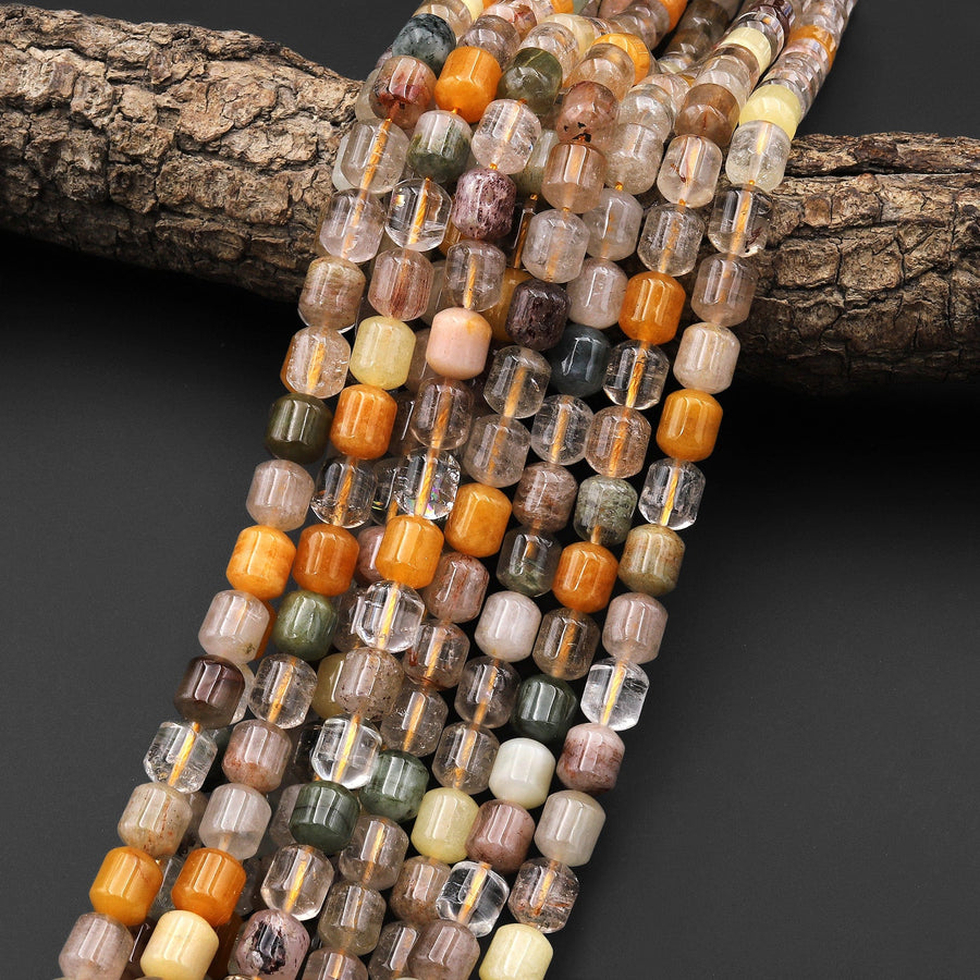 Natural Phantom Quartz Barrel Beads Golden Red Green Phantom Quartz Rutile Quartz Natural Crystal 16" Strand