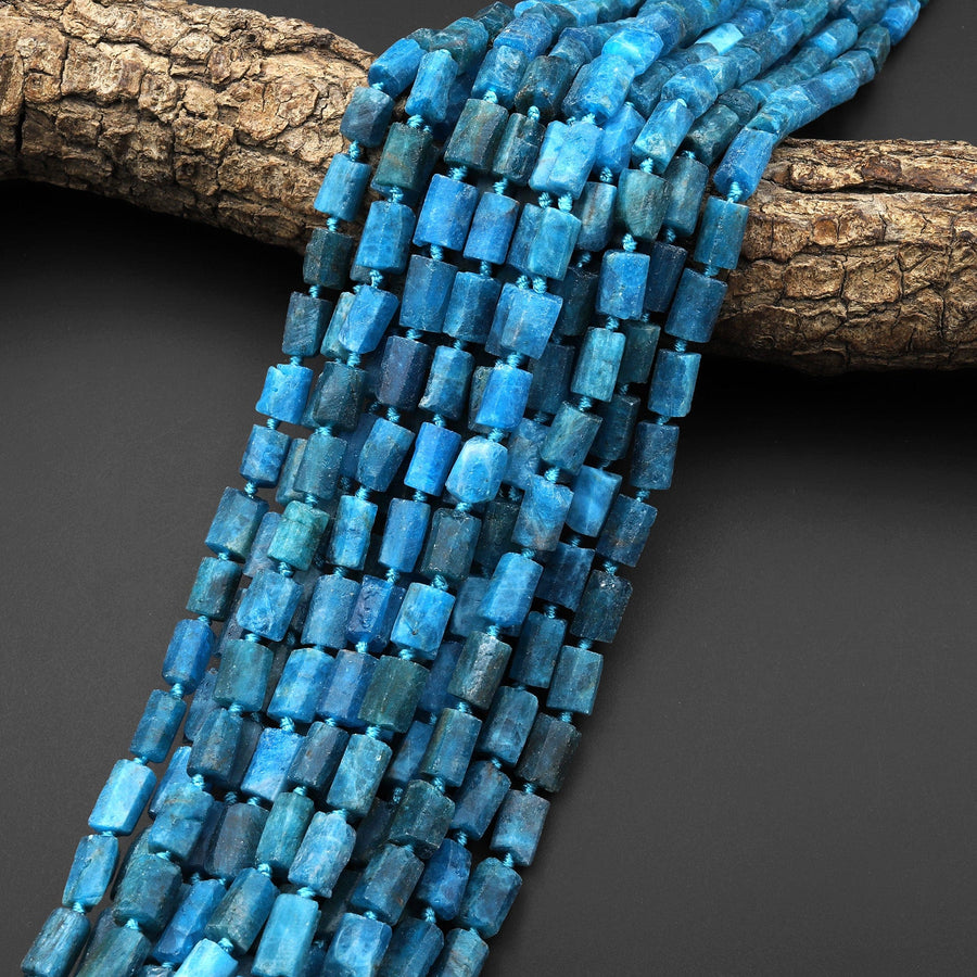 Matte Faceted Natural Blue Apatite Tube Beads Gemstone 15.5" Strand