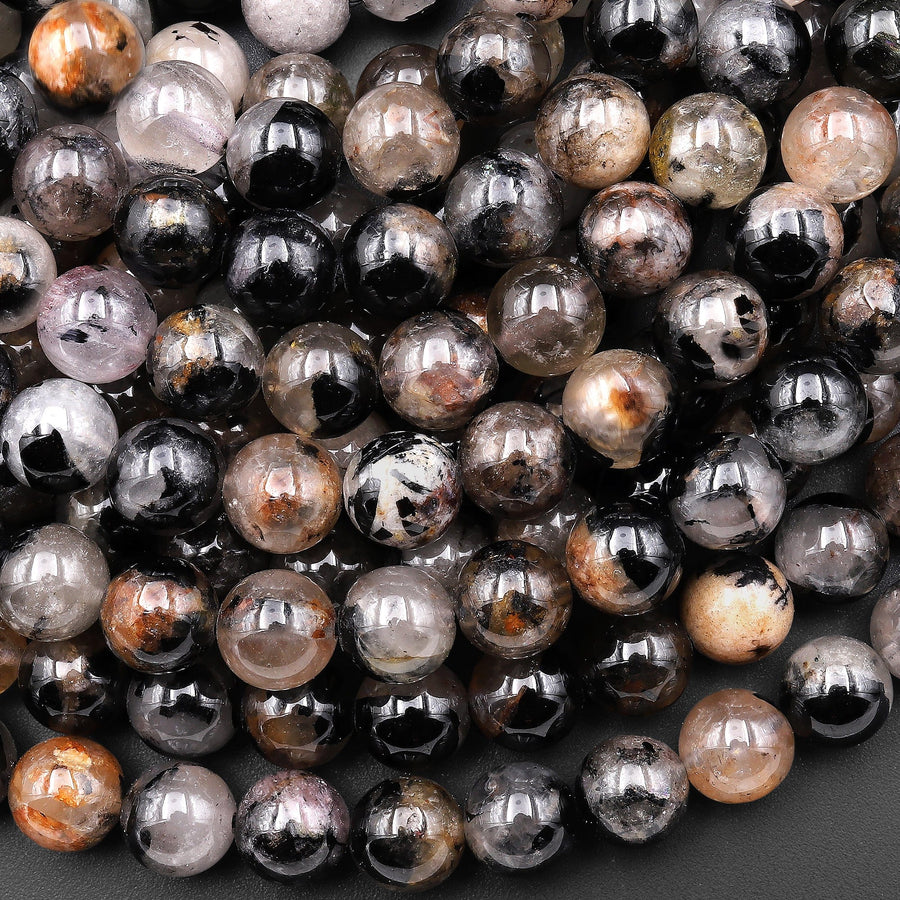 Genuine Natural Black Tourmaline Beads 3mm 4mm 5mm 6mm 8mm 10mm 12mm Round With White Quartz Red Iron Matrix Real Genuine Black Gemstone 15.5" Strand