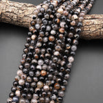 Genuine Natural Black Tourmaline Beads 3mm 4mm 5mm 6mm 8mm 10mm 12mm Round With White Quartz Red Iron Matrix Real Genuine Black Gemstone 15.5" Strand