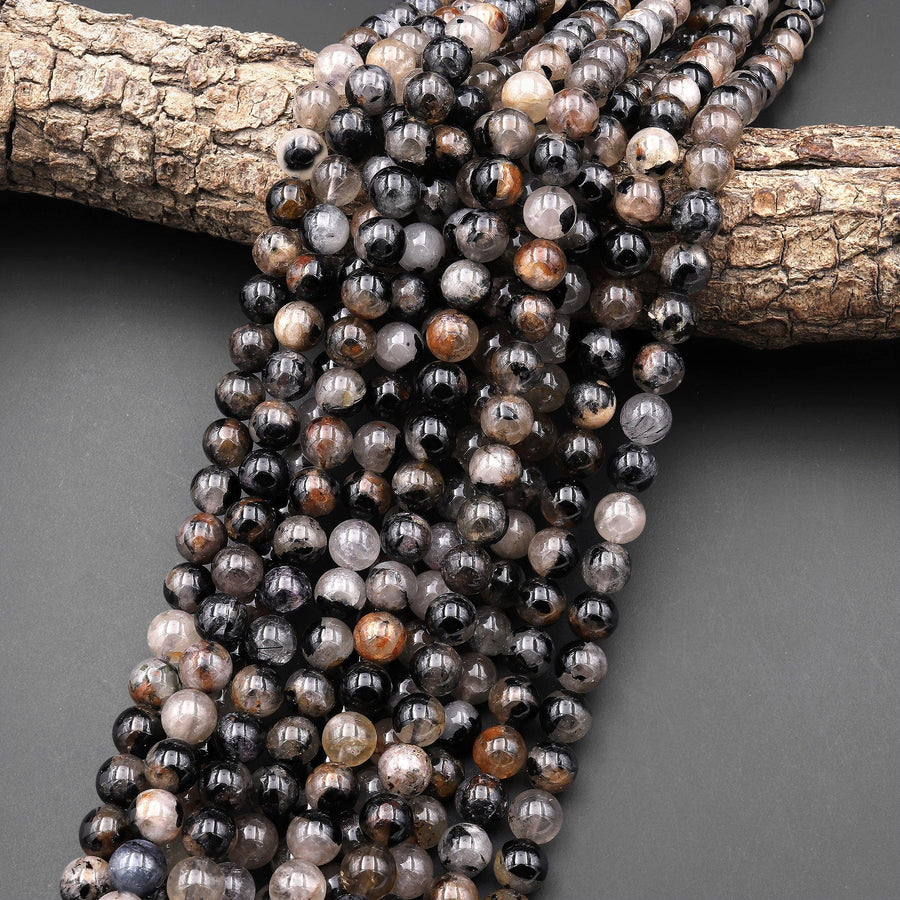 Genuine Natural Black Tourmaline Beads 3mm 4mm 5mm 6mm 8mm 10mm 12mm Round With White Quartz Red Iron Matrix Real Genuine Black Gemstone 15.5" Strand