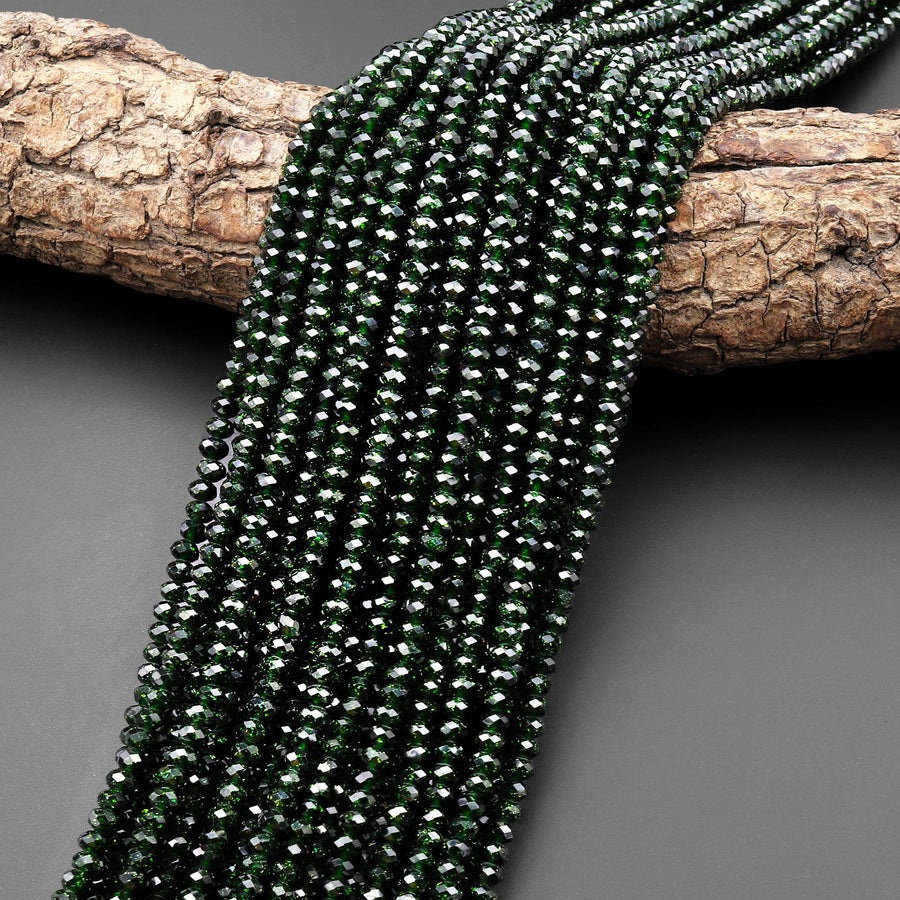 Faceted Green Goldstone Sandstone Rondelle Beads 4mm 15.5" Strand
