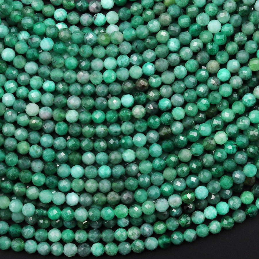 AAA Real Genuine Natural Colombia Green Emerald Gemstone Faceted 3mm 4mm Round Beads Laser Diamond Cut Gemstone May Birthstone 15.5" Strand