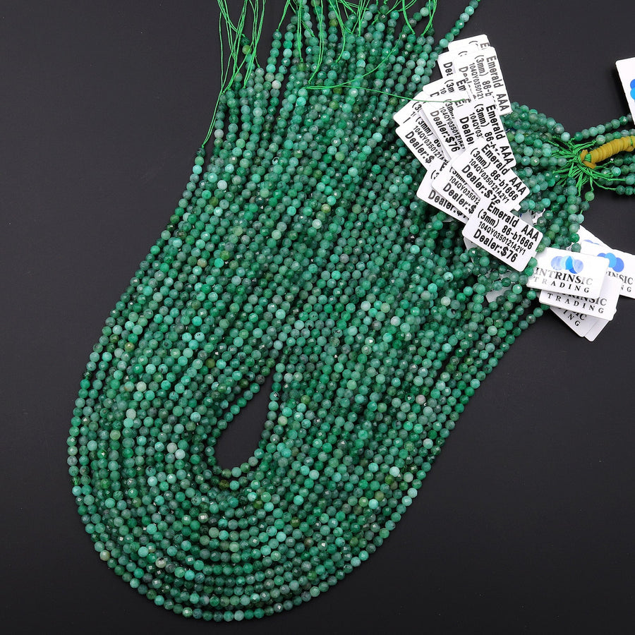 AAA Real Genuine Natural Colombia Green Emerald Gemstone Faceted 3mm 4mm Round Beads Laser Diamond Cut Gemstone May Birthstone 15.5" Strand