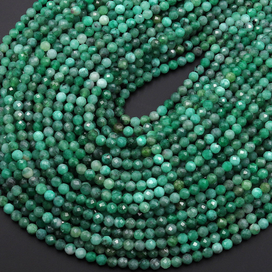 AAA Real Genuine Natural Colombia Green Emerald Gemstone Faceted 3mm 4mm Round Beads Laser Diamond Cut Gemstone May Birthstone 15.5" Strand