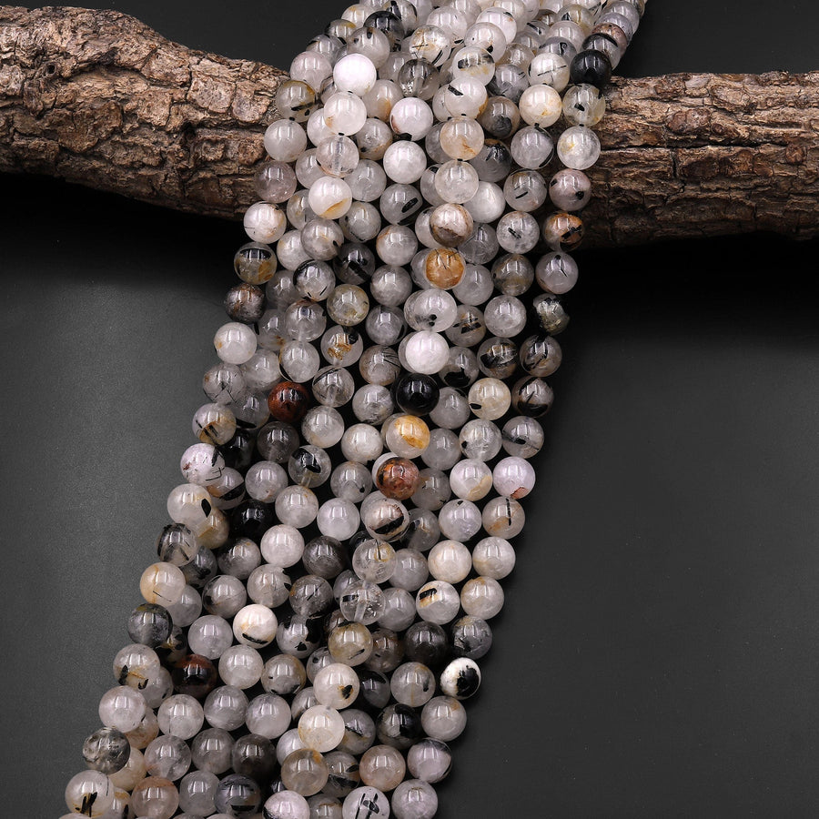 Natural Black Tourmaline Rutilated Rutile Quartz Round Beads 5mm 6mm 7mm 8mm 10mm 12mm Round Beads W Rare Golden Copper Matrix Gemstone 15.5" Strand