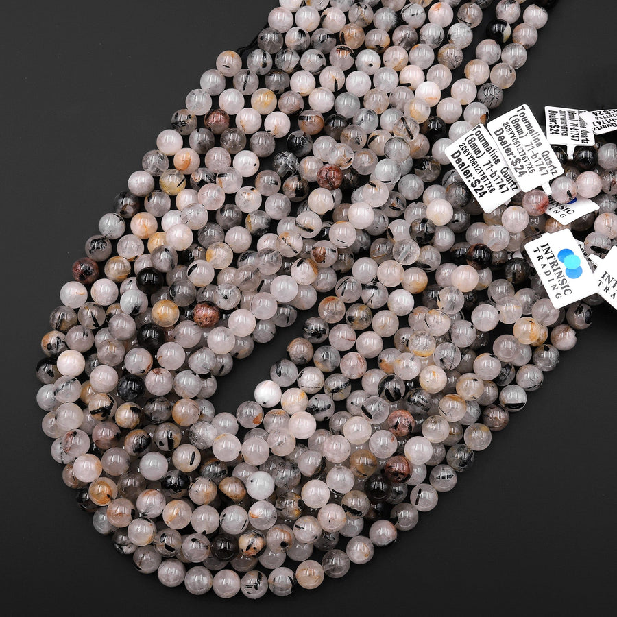 Natural Black Tourmaline Rutilated Rutile Quartz Round Beads 5mm 6mm 7mm 8mm 10mm 12mm Round Beads W Rare Golden Copper Matrix Gemstone 15.5" Strand