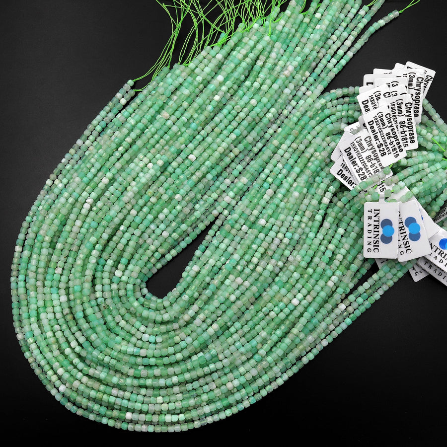 Natural Australian Green Chrysoprase Faceted 3mm Cube Square Dice Beads Gemstone 15.5" Strand