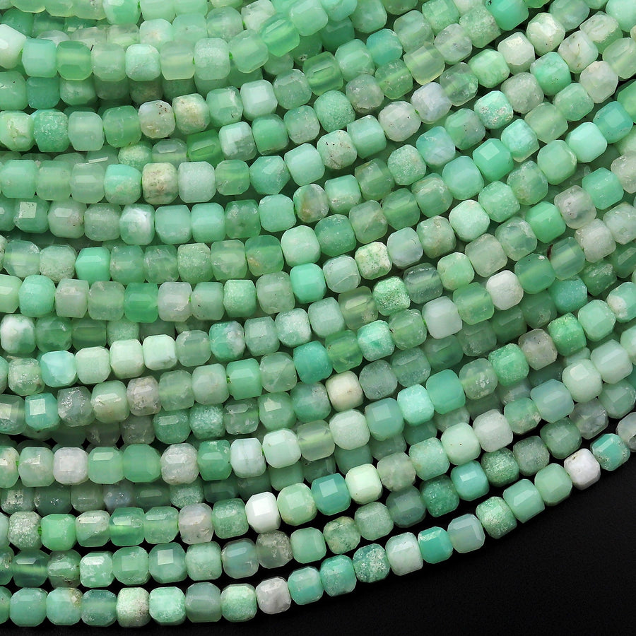 Natural Australian Green Chrysoprase Faceted 3mm Cube Square Dice Beads Gemstone 15.5" Strand