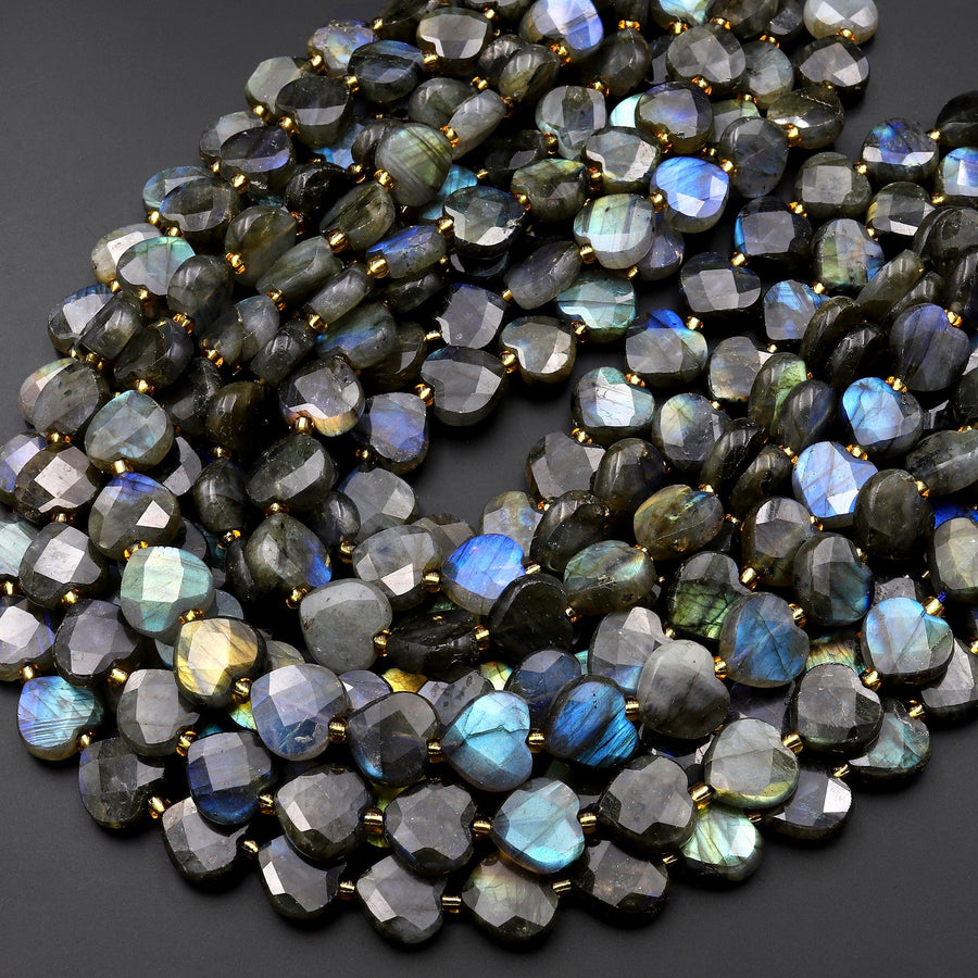 Natural Labradorite Faceted Heart Beads 12mm Gemstone 15.5" Strand