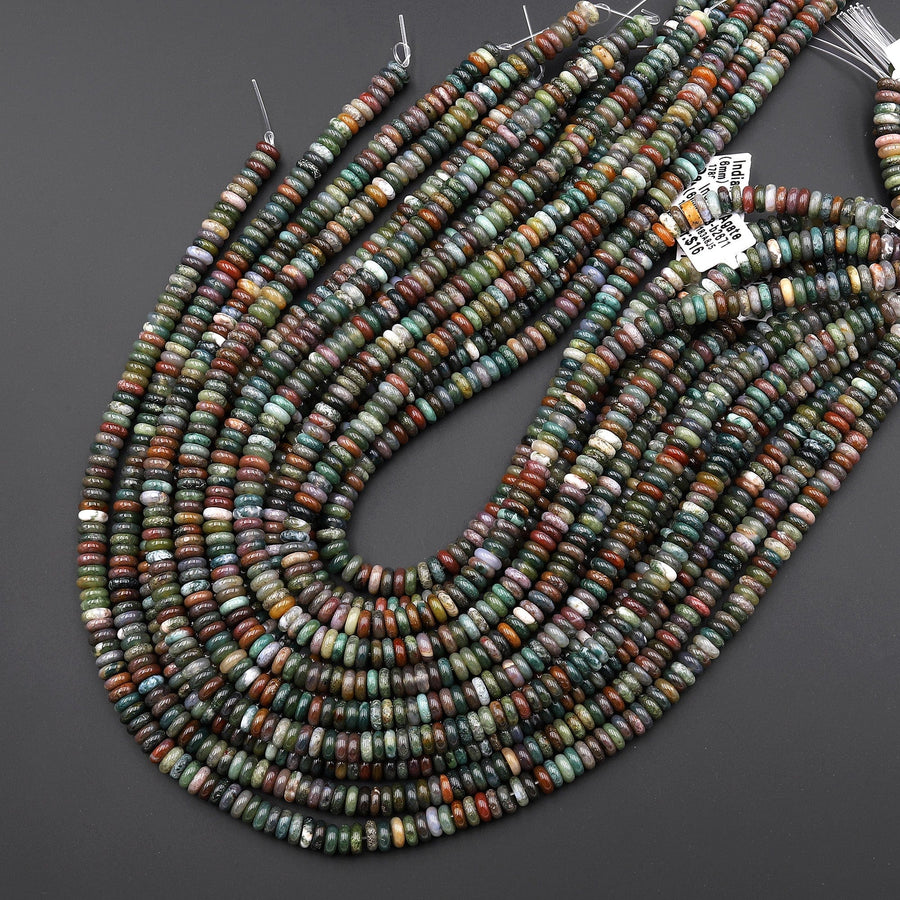Natural Indian Agate 6mm Smooth Thin Rondelle Beads Aka Green Red Bloodstone 15.5" Strand