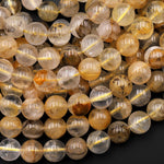 Natural Golden Dendritic Quartz 4mm 6mm 8mm 10mm 12mm 14mm Round Beads Exotic Golden Crystal From Brazil W Black Dendritic Pattern Rare Quartz 15.5" Strand