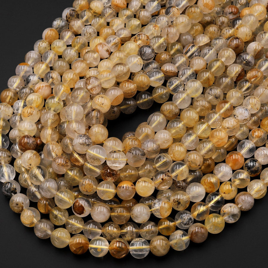 Natural Golden Dendritic Quartz 4mm 6mm 8mm 10mm 12mm 14mm Round Beads Exotic Golden Crystal From Brazil W Black Dendritic Pattern Rare Quartz 15.5" Strand