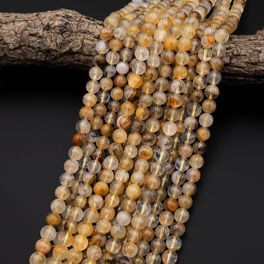 Natural Golden Dendritic Quartz 4mm 6mm 8mm 10mm 12mm 14mm Round Beads Exotic Golden Crystal From Brazil W Black Dendritic Pattern Rare Quartz 15.5" Strand