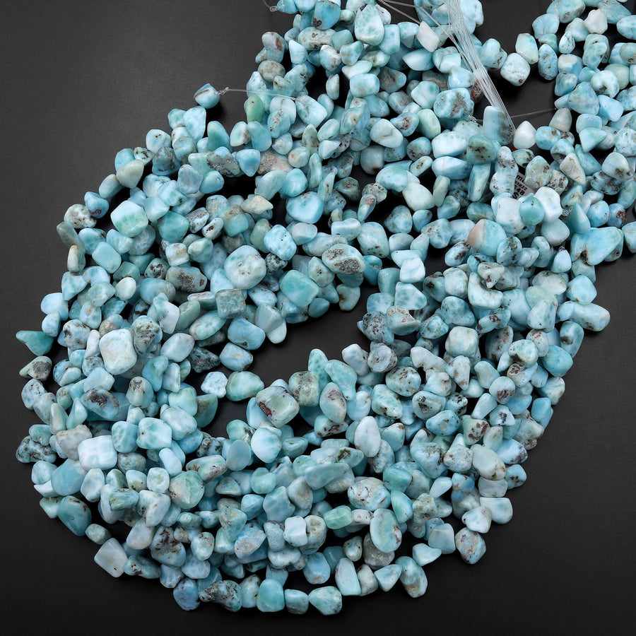 Natural Blue Larimar Beads Freeform Teardrop Pebble Nuggets From Dominican Republic 15.5" Strand